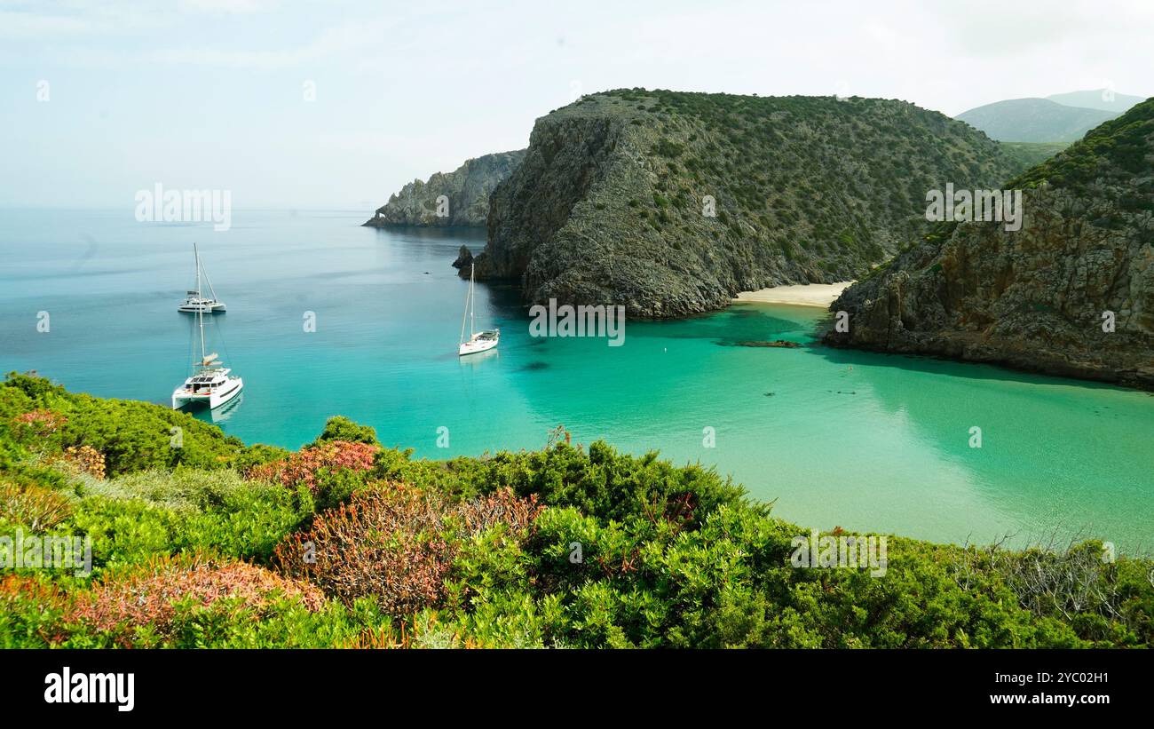 The famous beaches of Cala Domestica and Cala Lunga, natural jewels of the Sulcis Iglesiense coast. Buggerru, province of South Sardinia, Italy Stock Photo