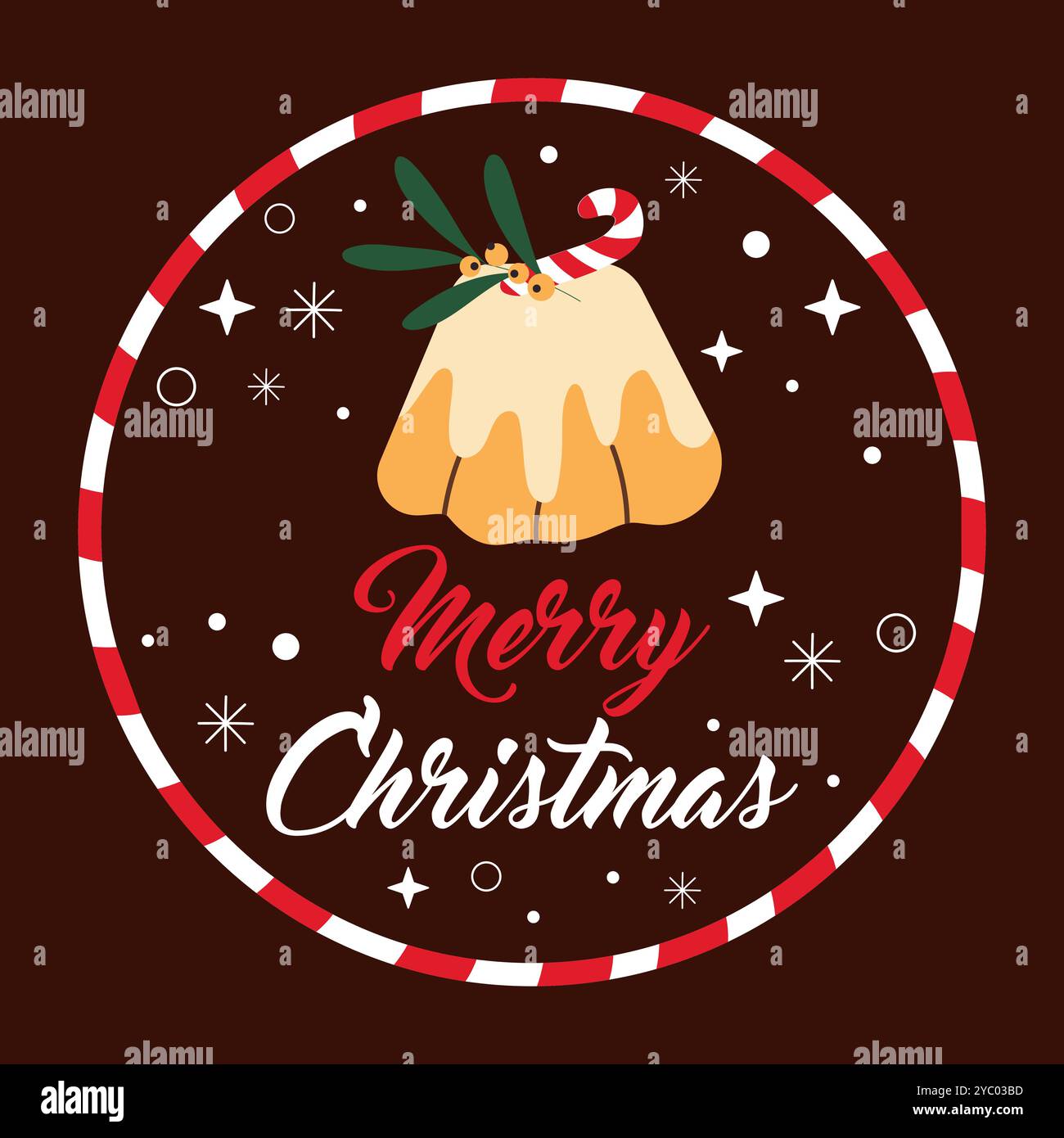 Hand drawn circle Christmas illustrative label with Christmas traditional cake. Vector illustration Stock Vector