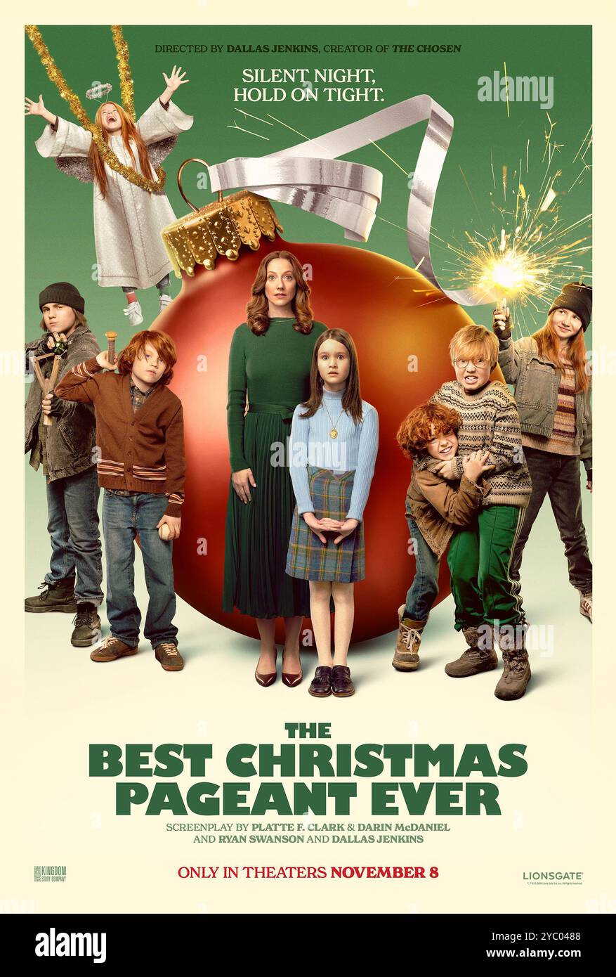 RELEASE DATE: November 8, 2024. TITLE: Best Christmas Pageant Ever. STUDIO: Lionsgate. DIRECTOR: Dallas Jenkins. PLOT: Nobody is ready for the mayhem and surprises that ensue when six of the worst youngsters disrupt the town's yearly Christmas performance. STARRING: JUDY GREER as Grace, SEBASTIAN BILLINGSLEY-RODRIGUEZ as Charlie, MOLLY WRIGHT as Beth poster art. (Credit Image: © Lionsgate/Entertainment Pictures/ZUMAPRESS.com) EDITORIAL USAGE ONLY! Not for Commercial USAGE! Stock Photo