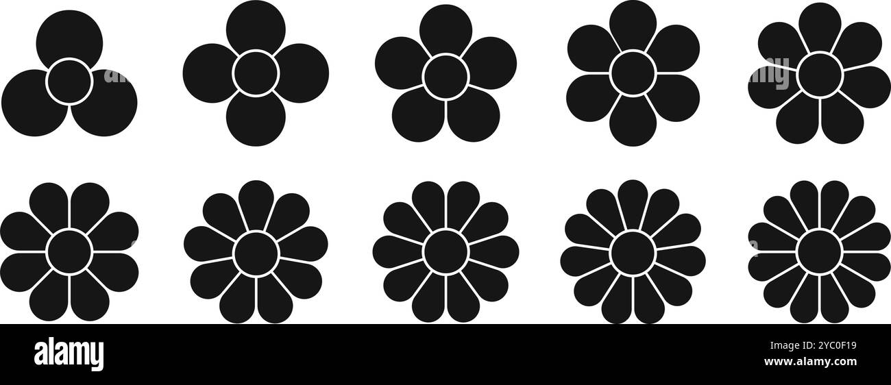 Set of flower diagrams with petals and core. Floral pie chart divided on equal segments in leaf shapes isolated on white background. Templates for data presentation. Vector graphic illustration. Stock Vector