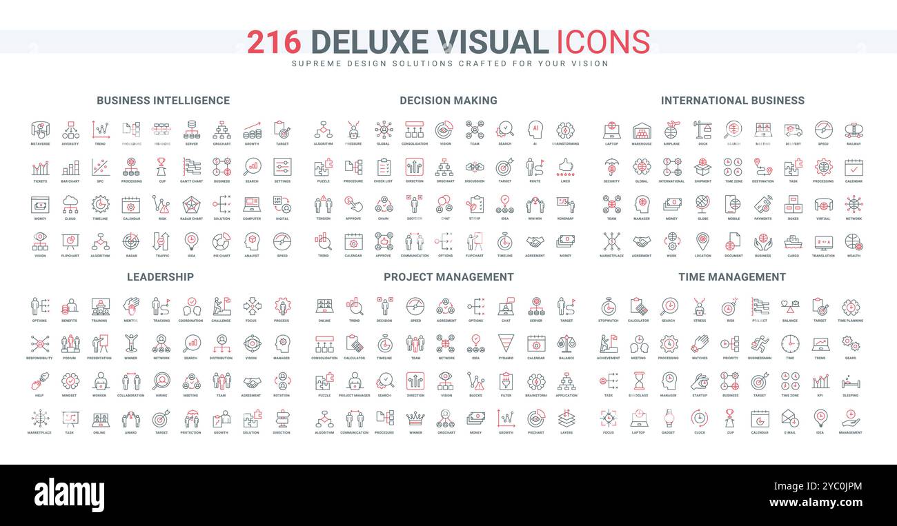 Leadership, time management, project organization line icon set ...