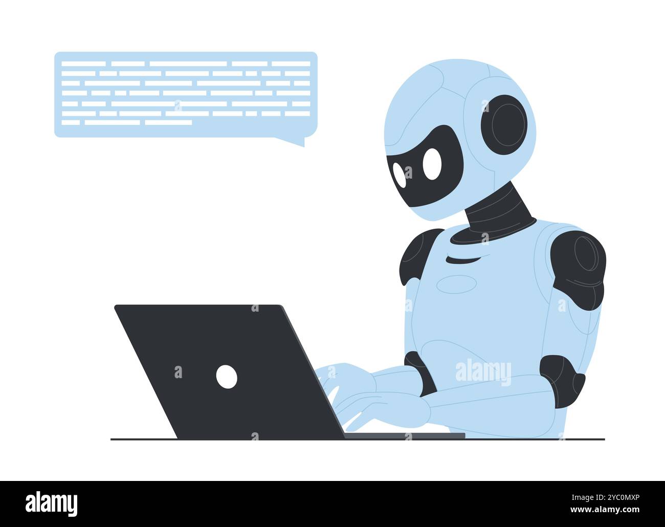Advanced AI robot working on a laptop. Speech bubble represents the robot s ability to communicate and process information effectively vector illustration. Stock Vector