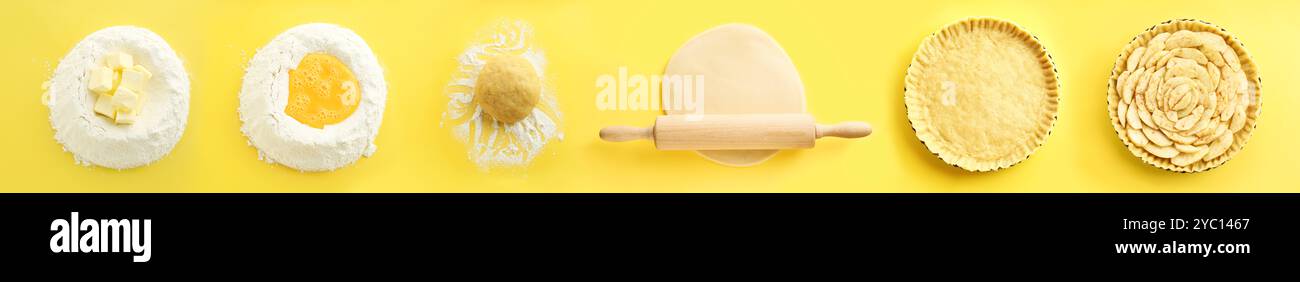 Apple pie, step by step. Collage on yellow background, top view Stock Photo