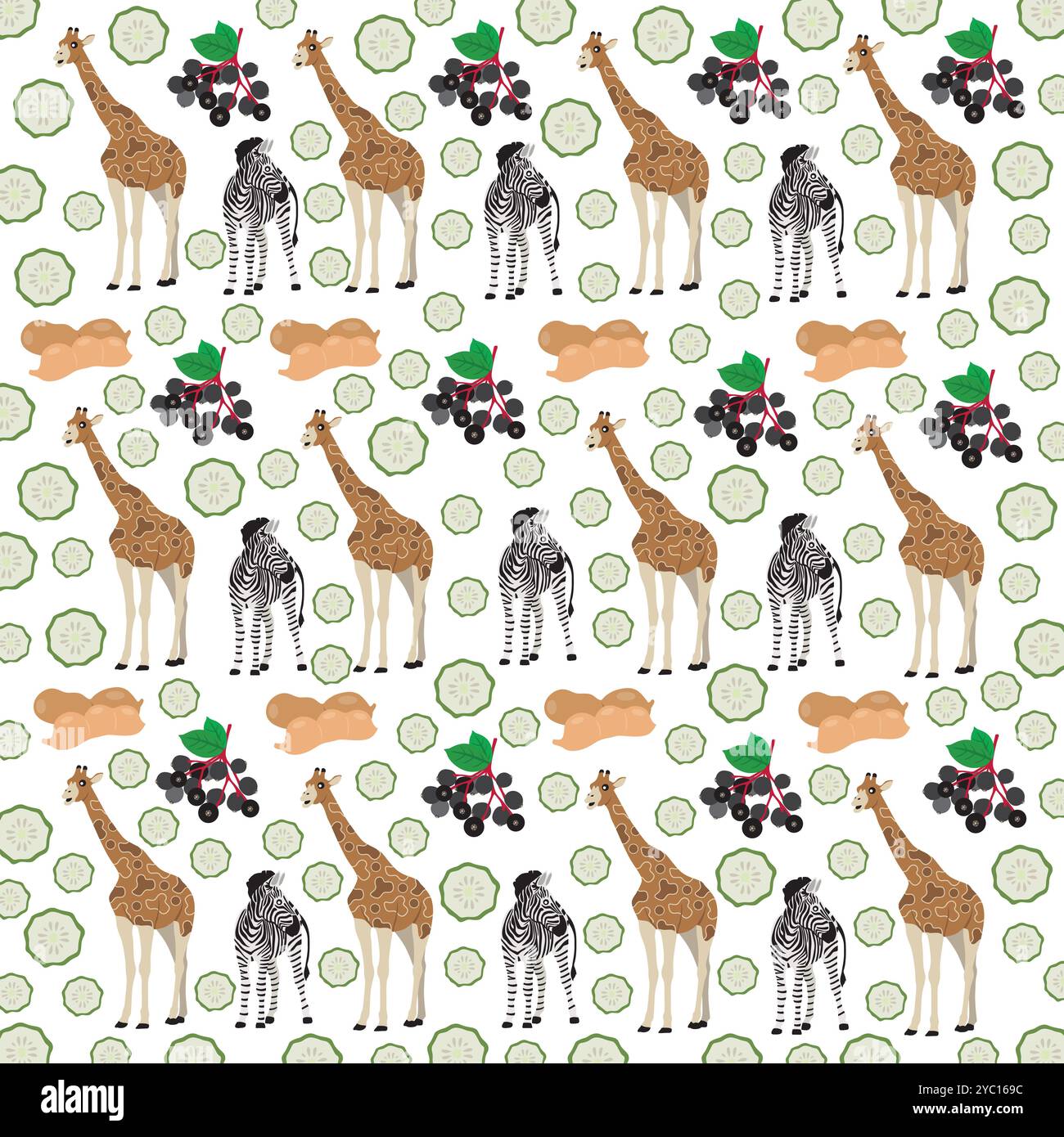 zebra, giraffe with fruit as a pattern background Stock Vector