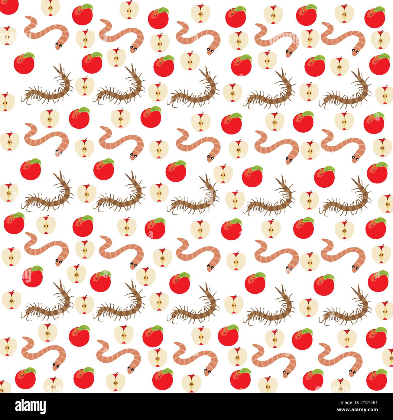 worms, centipedes with fruit as a pattern background Stock Vector