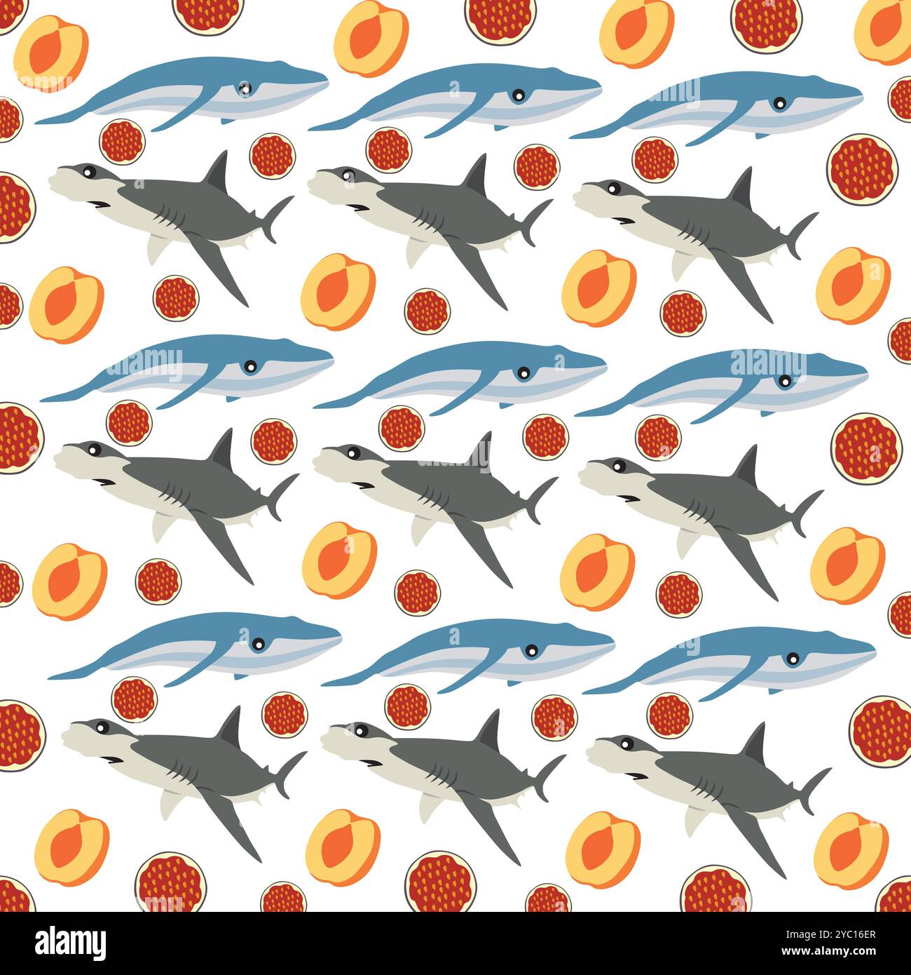 hammerhead shark, whale with fruit as a pattern background Stock Vector