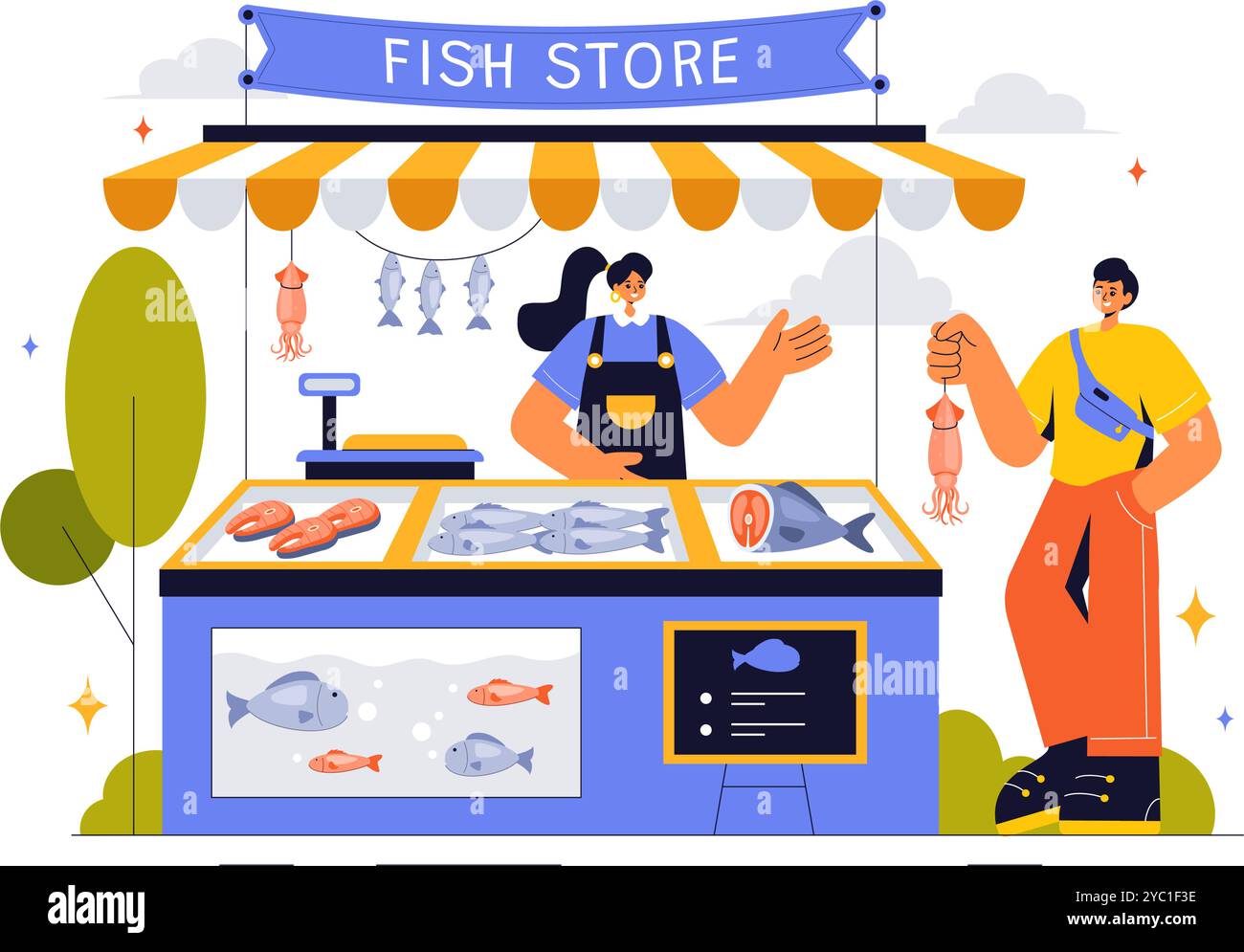 Fish Store Vector Illustration featuring a Variety of Fresh and ...