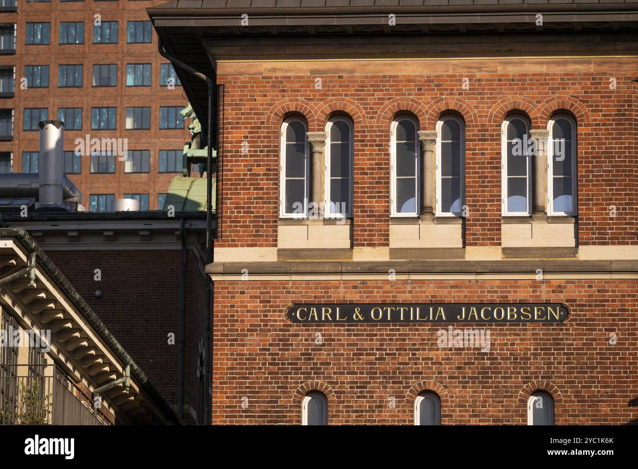 Brick building with inscription, Carl & Ottilia Jacobsen, Danish brewery entrepreneurs, art collectors and benefactors, Carlsbergbygen, Carlsberg neig Stock Photo