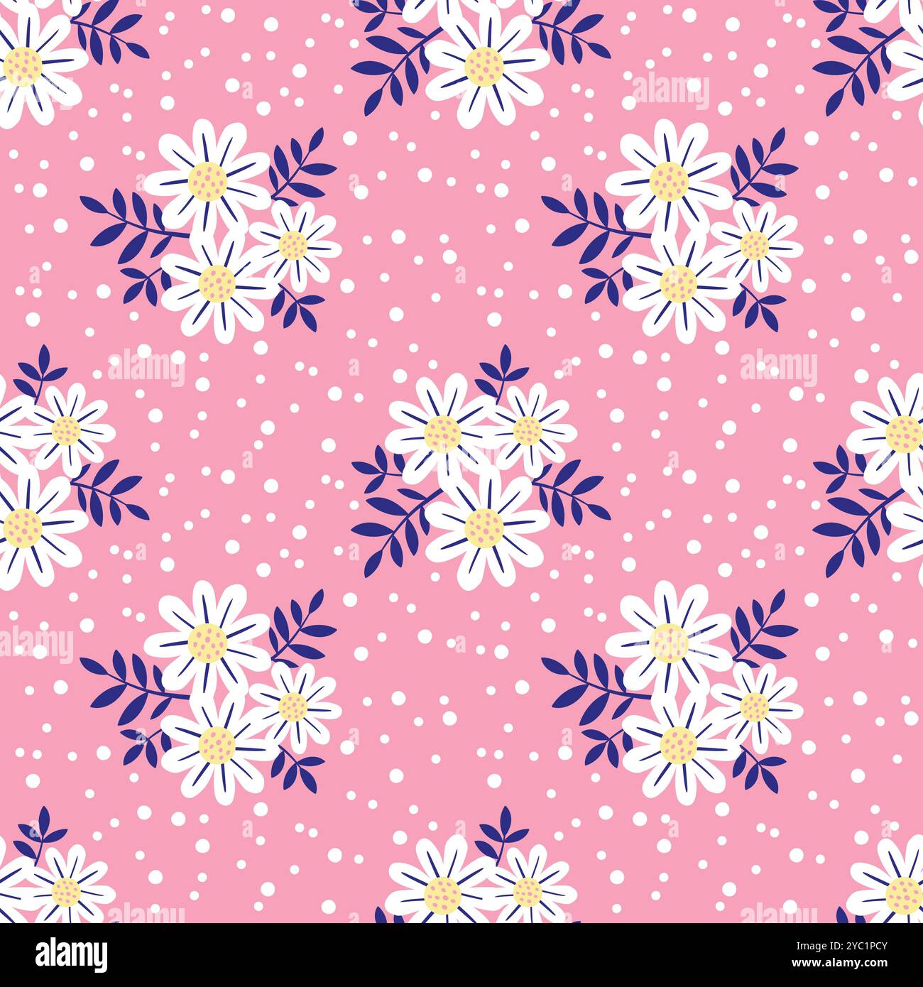 Hand drawn vector seamless floral pattern with white chamomiles on pink ...