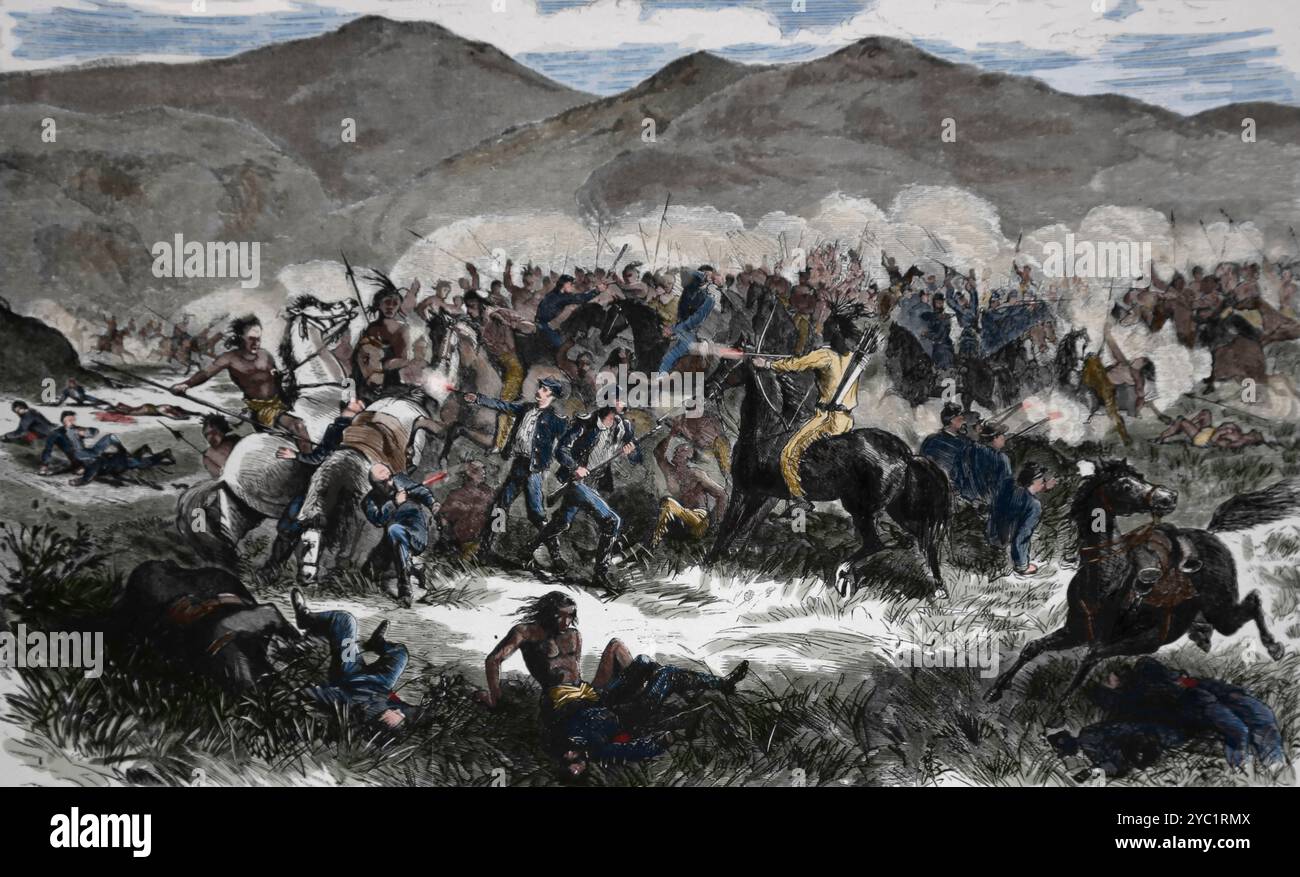 Usa.Sioux warriors and the Cavalry battling outside Fort Phill Kearney during the long conflict over the government's attempt to open up and guard the Stock Photo