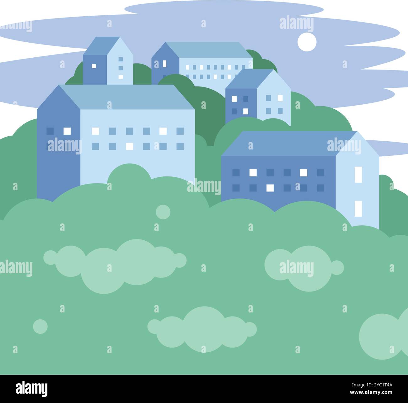 Minimal geometric style city landscape with trees and hills Stock ...
