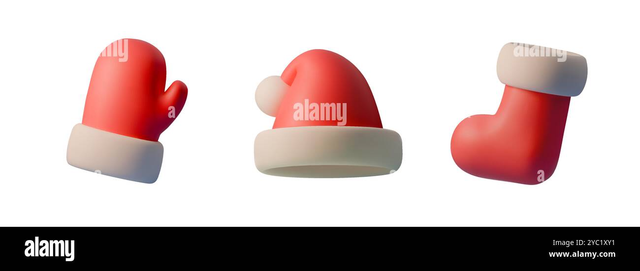 Vector 3D illustration set of Christmas items red mitten, Santa hat, and boot. Designed in minimalist style with soft white cuffs, perfect for holiday Stock Vector