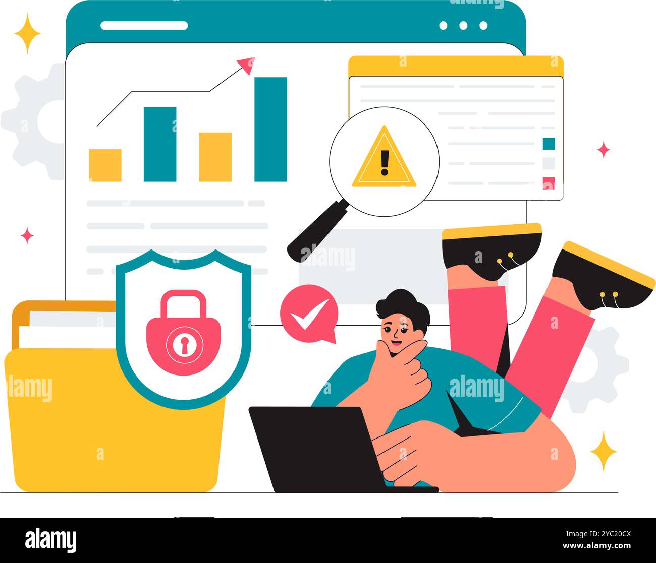 Vulnerability and Threat Management Solutions Vector Illustration featuring Data Breach Security Attack, Hacker Fraud, and Coding Issues in background Stock Vector