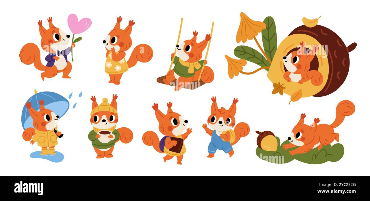 Cute squirrels. Funny little animals. Redhead fluffy mascots. Cartoon ...