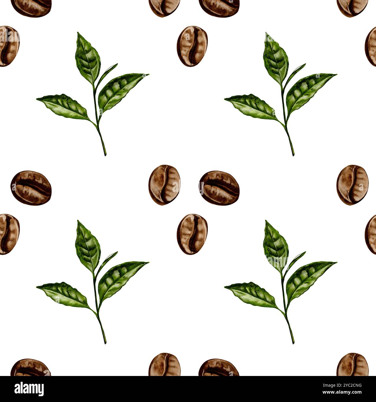 Seamless pattern with coffee beans and a branch of coffee tree. Green ...
