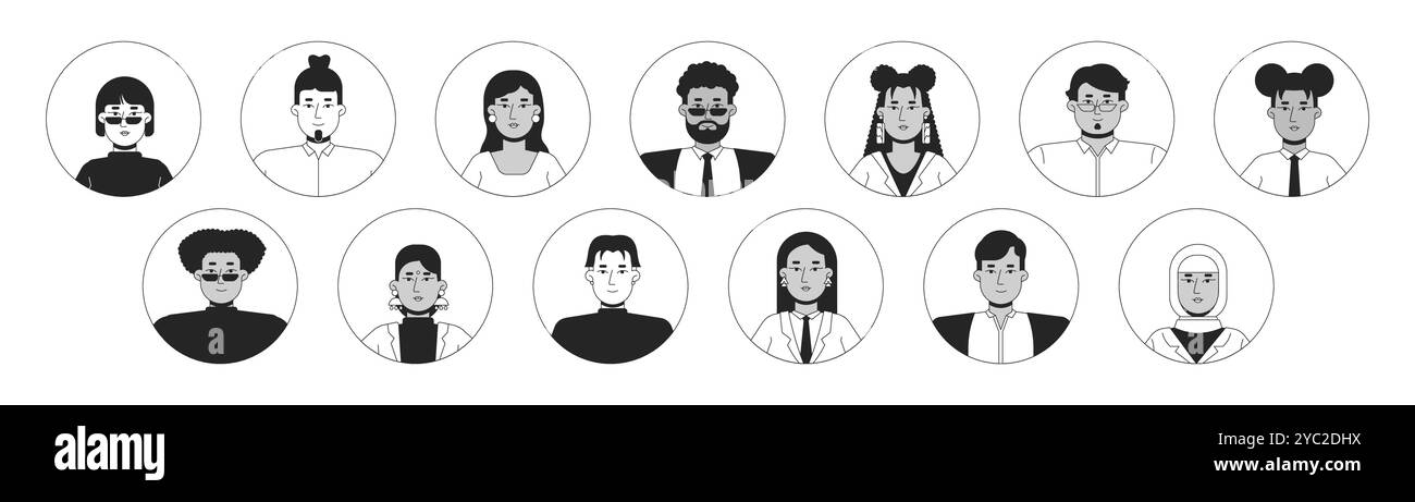 Multi-ethnic office workers black and white 2D vector avatars illustration set Stock Vector