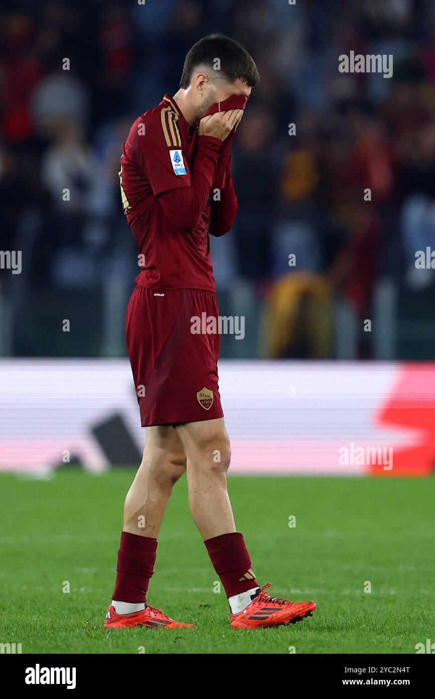 Rome, Italy. 20th Oct, 2024. Matias Soule' of Roma shows his dejection at the end of the Italian championship Serie A football match between AS Roma a Stock Photo