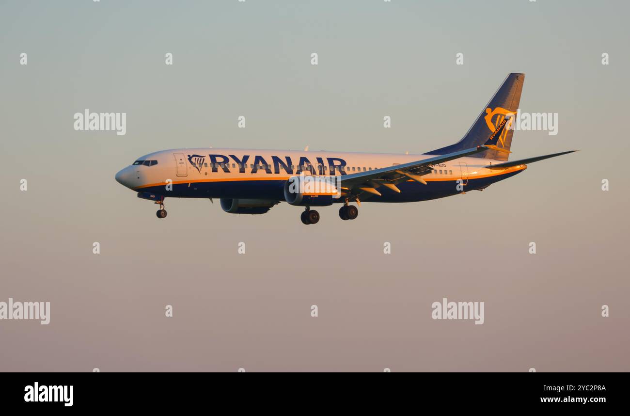 Ryanair boeing 737 800 airplane approaching runway at lisbon airport at ...