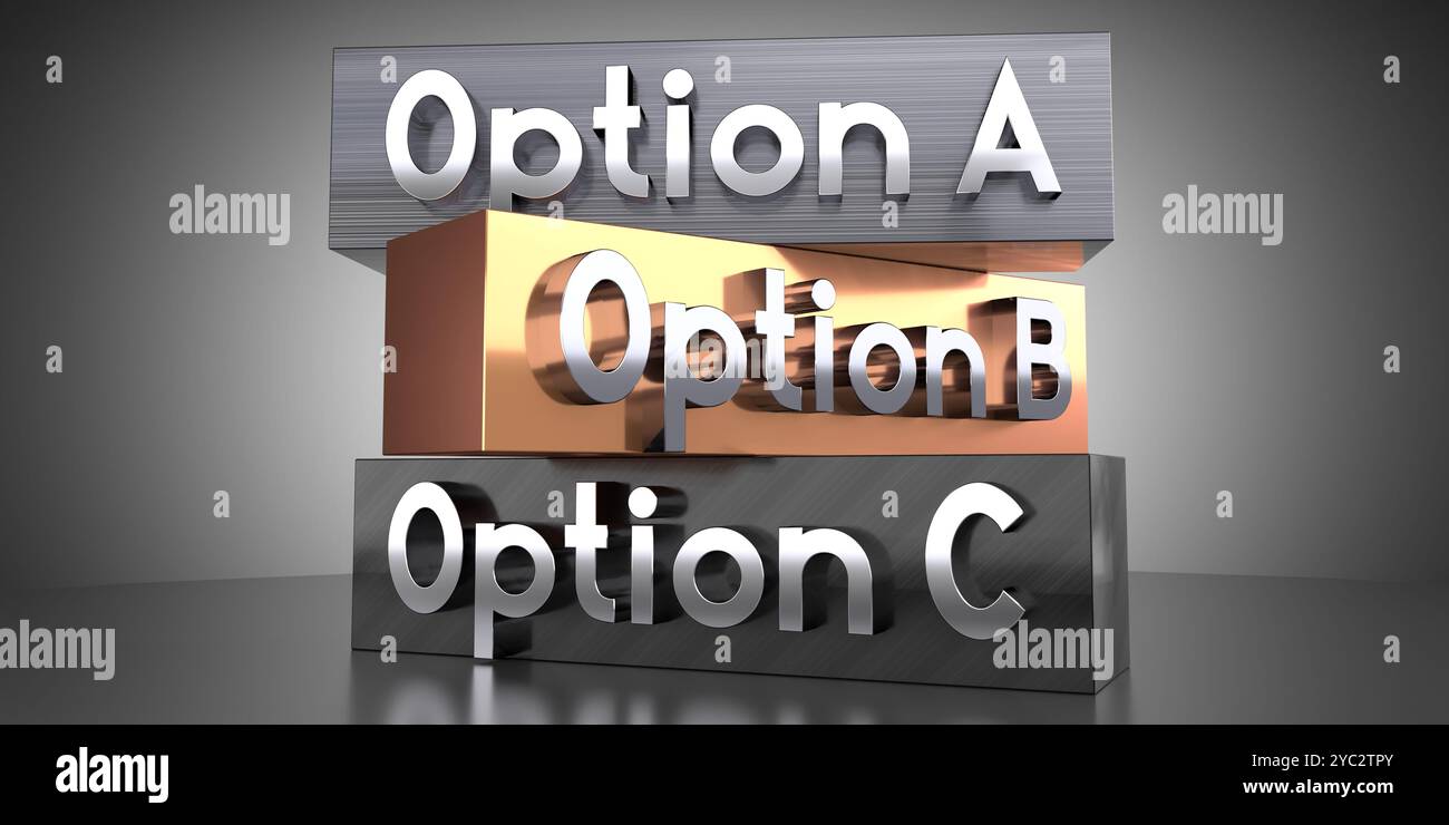 Option A, B, C - words on metal blocks - 3D illustration Stock Photo ...