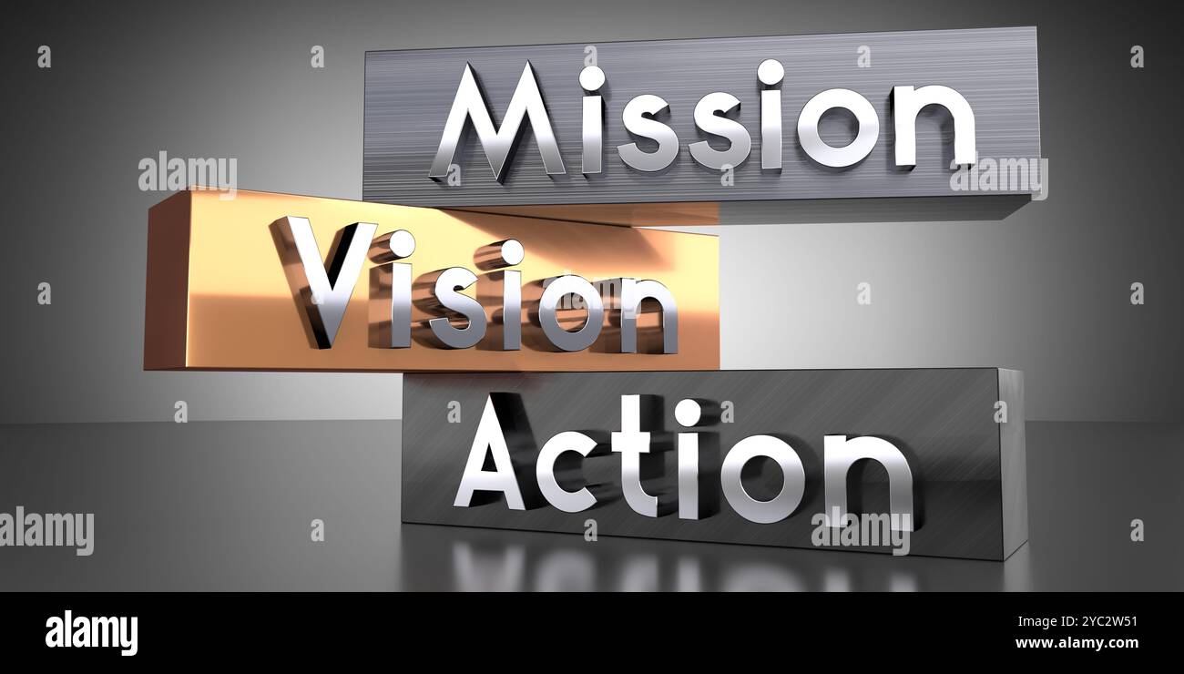 Vision, mission, action - words on metal blocks - 3D illustration Stock ...