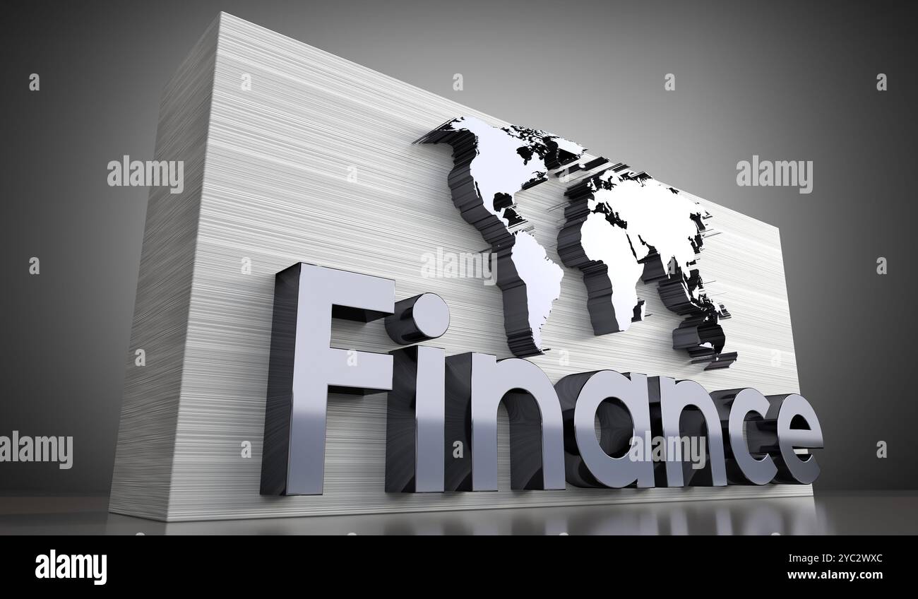 Finance word and map of the world - 3D illustration Stock Photo - Alamy