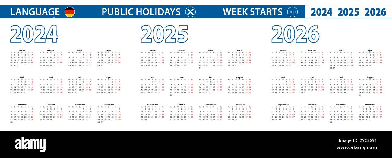 Simple calendar template in German for 2024, 2025, 2026 years. Week