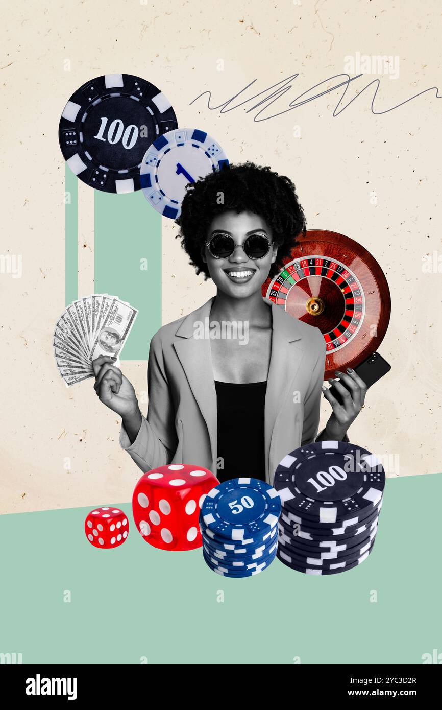 Vertical collage young stylish businesswoman chips stack pile banknote ...