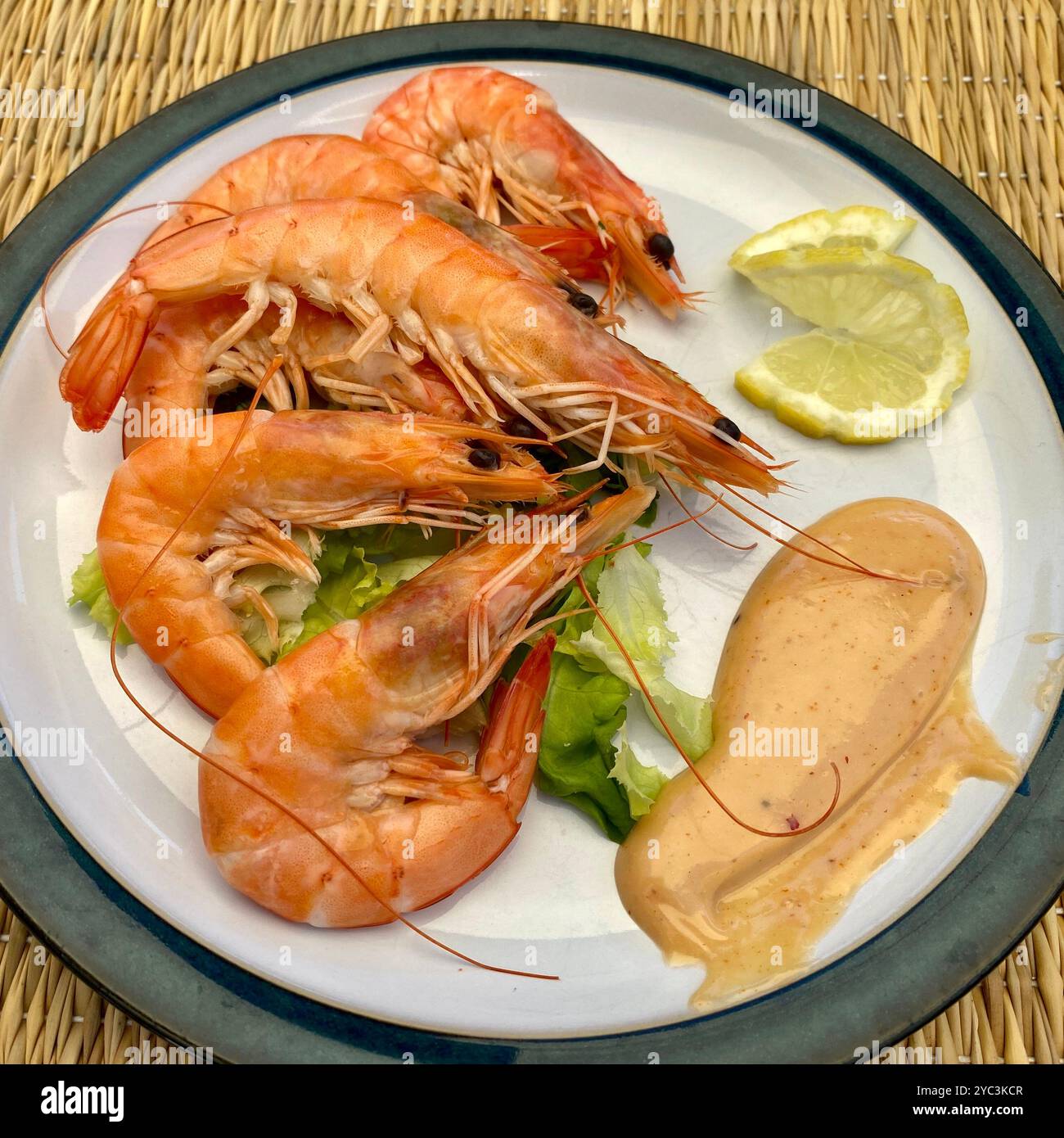 Plate of large cooked prawns in shells - Smartphone Captured Stock Image