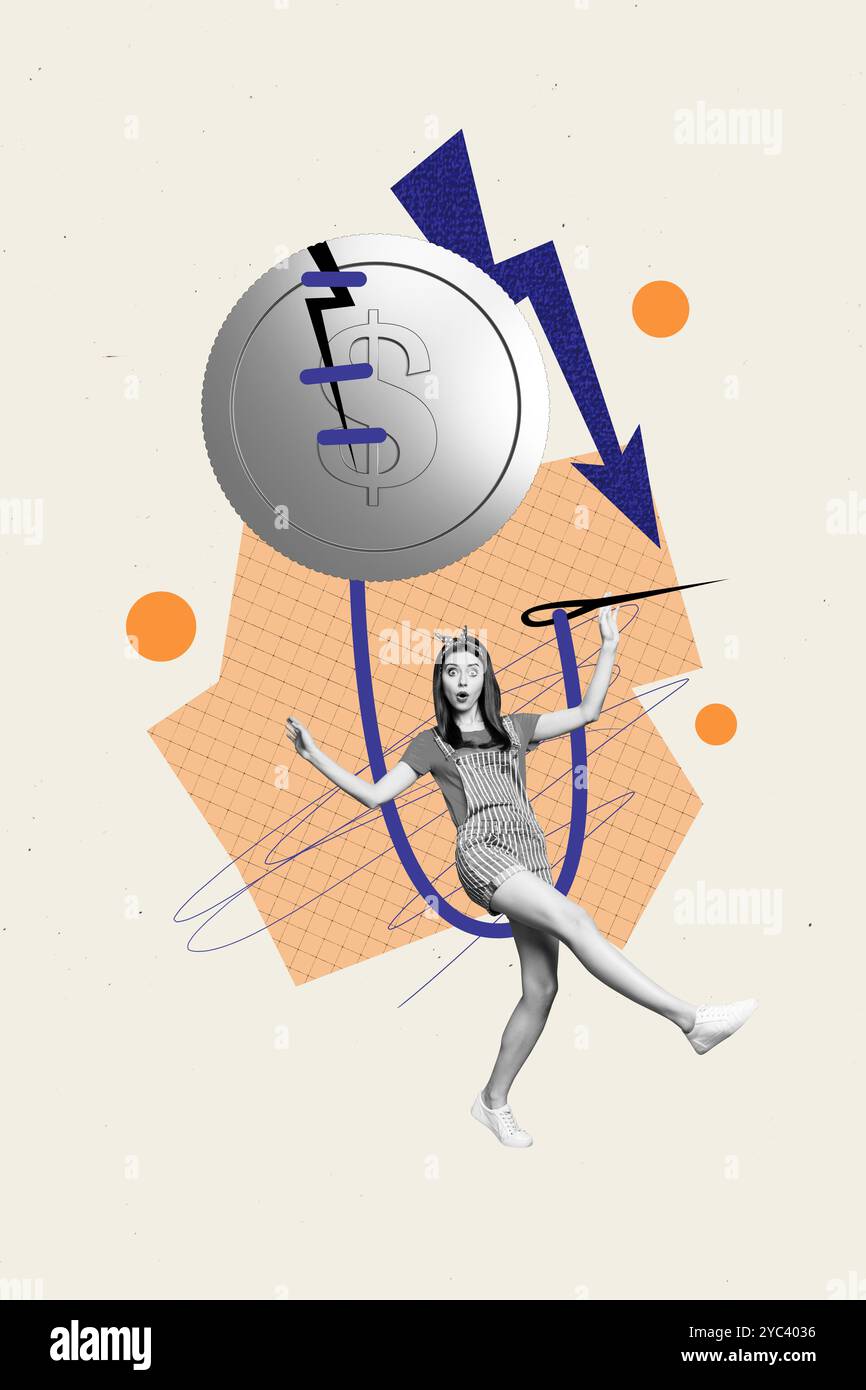 Vertical photo collage of astonished girl try save coin dollar ...
