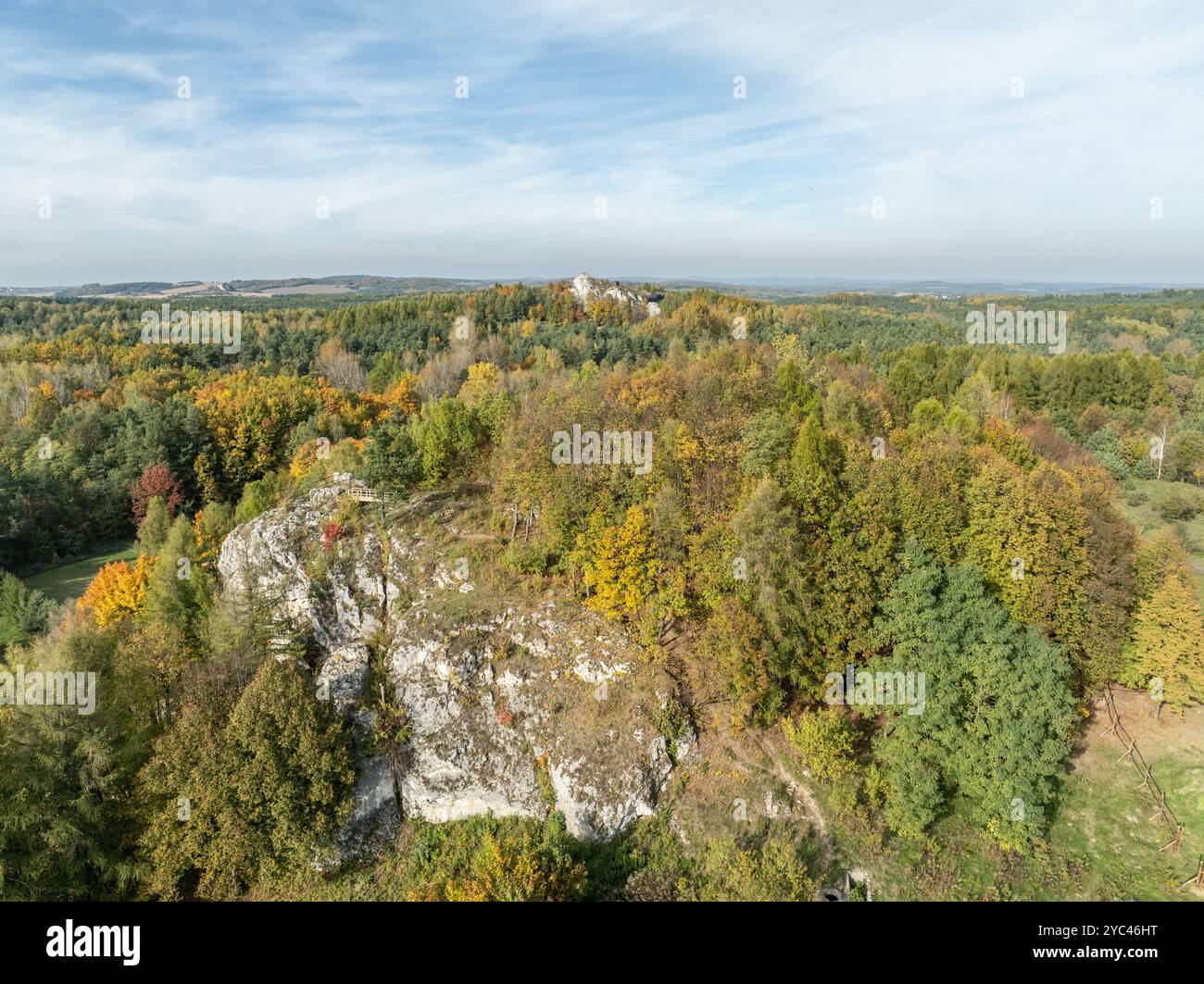 Aerial drone view of stronghold on Birow Hill. Limestone rock hill in ...