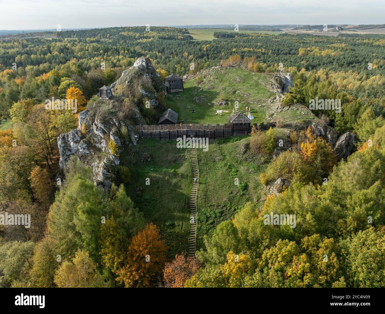 Aerial drone view of stronghold on Birow Hill. Limestone rock hill in ...
