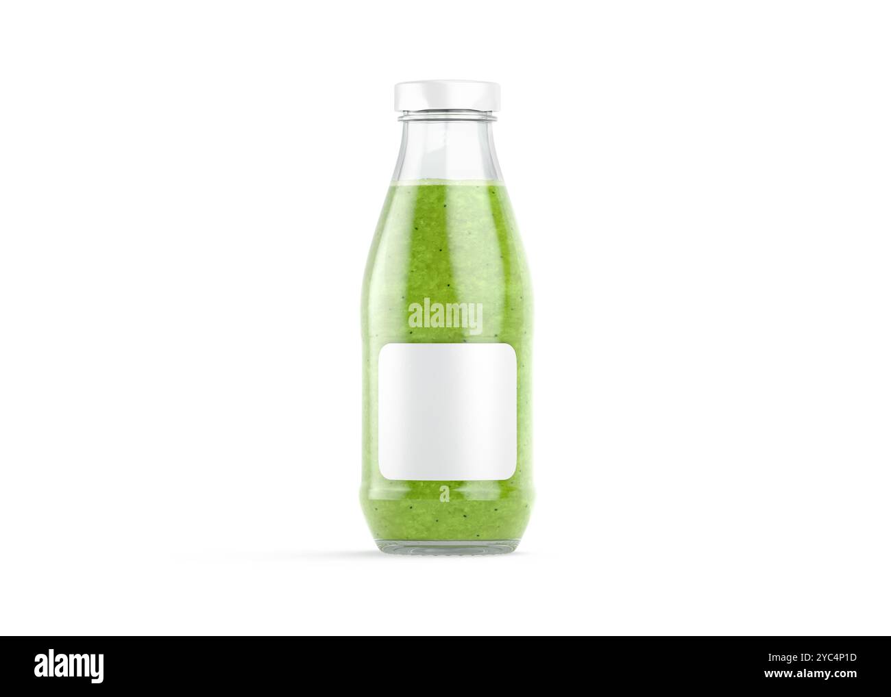 Blank transparent glass kiwi smoothie bottle with white label mockup, 3d rendering. Empty kiwis fruit beverage in canned pack mock up, isolated, front Stock Photo