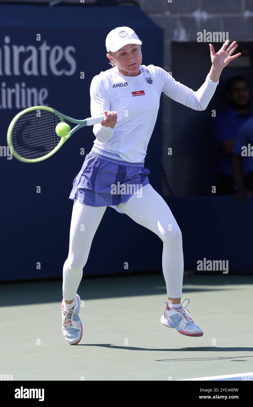 Tennis player Aliaksandra Sasnovich in action at the US Open 2024 Championships,Billie Jean King Tennis Center,Queens,New York,USA. Stock Photo