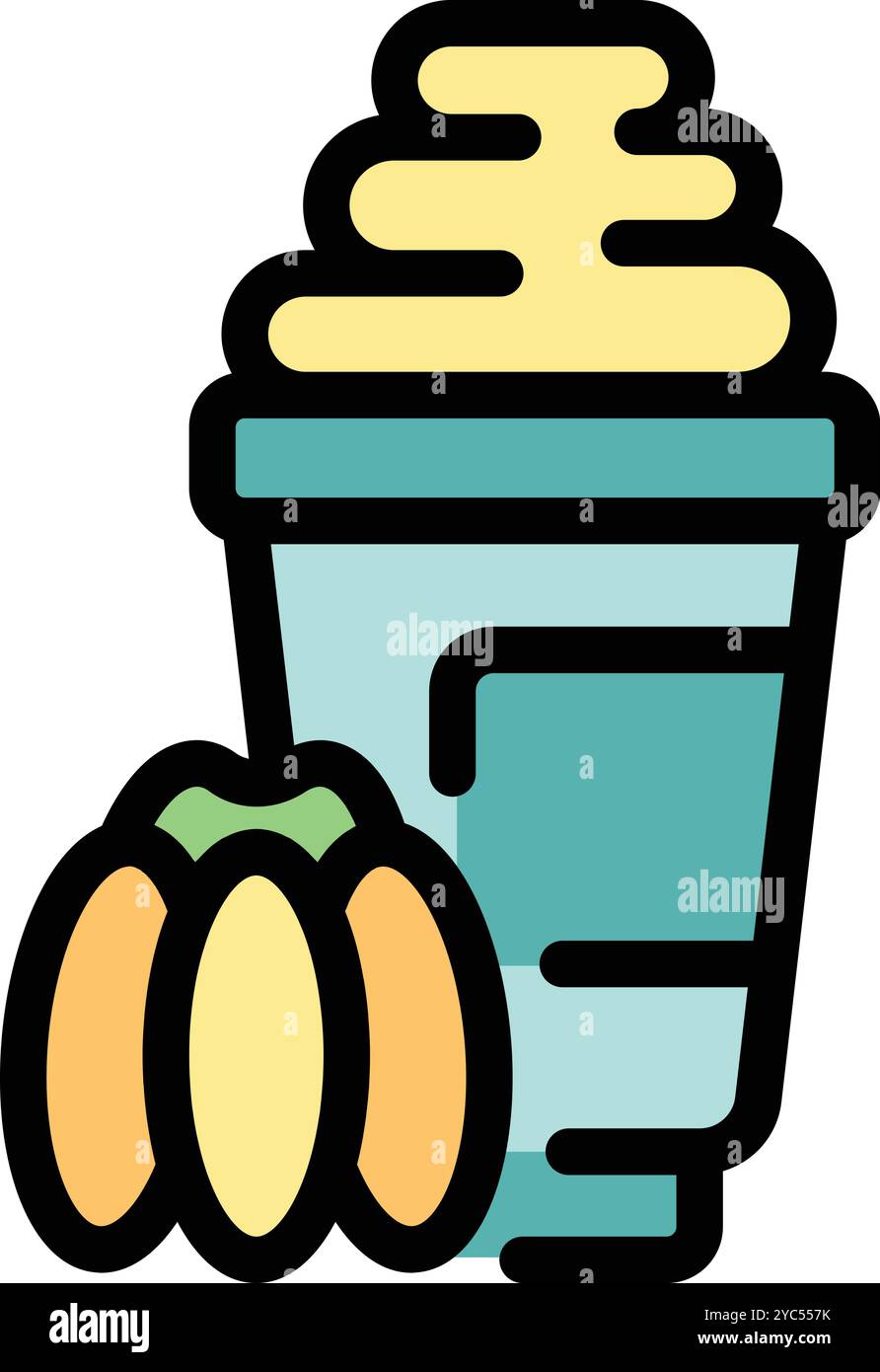 Cartoon icon of a pumpkin spice latte with whipped cream, served in a ...