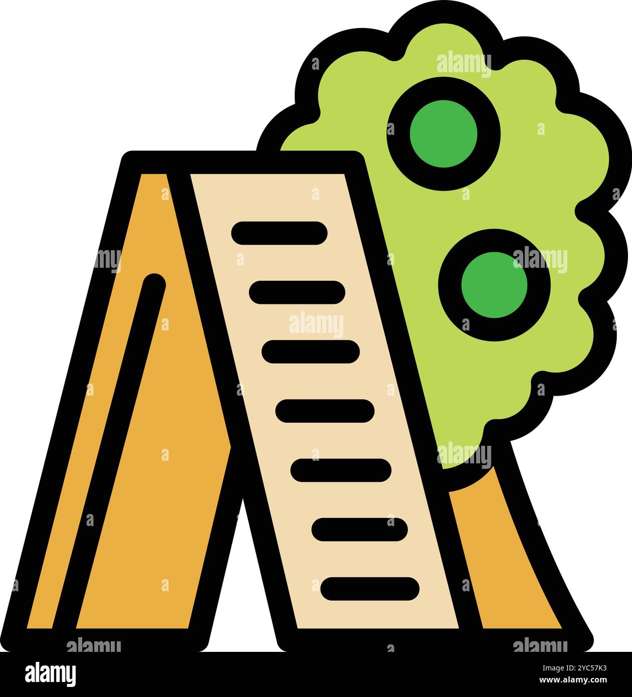 Simple icon of a wooden ladder leaning against the leafy branches of a tree for picking apples in an orchard Stock Vector