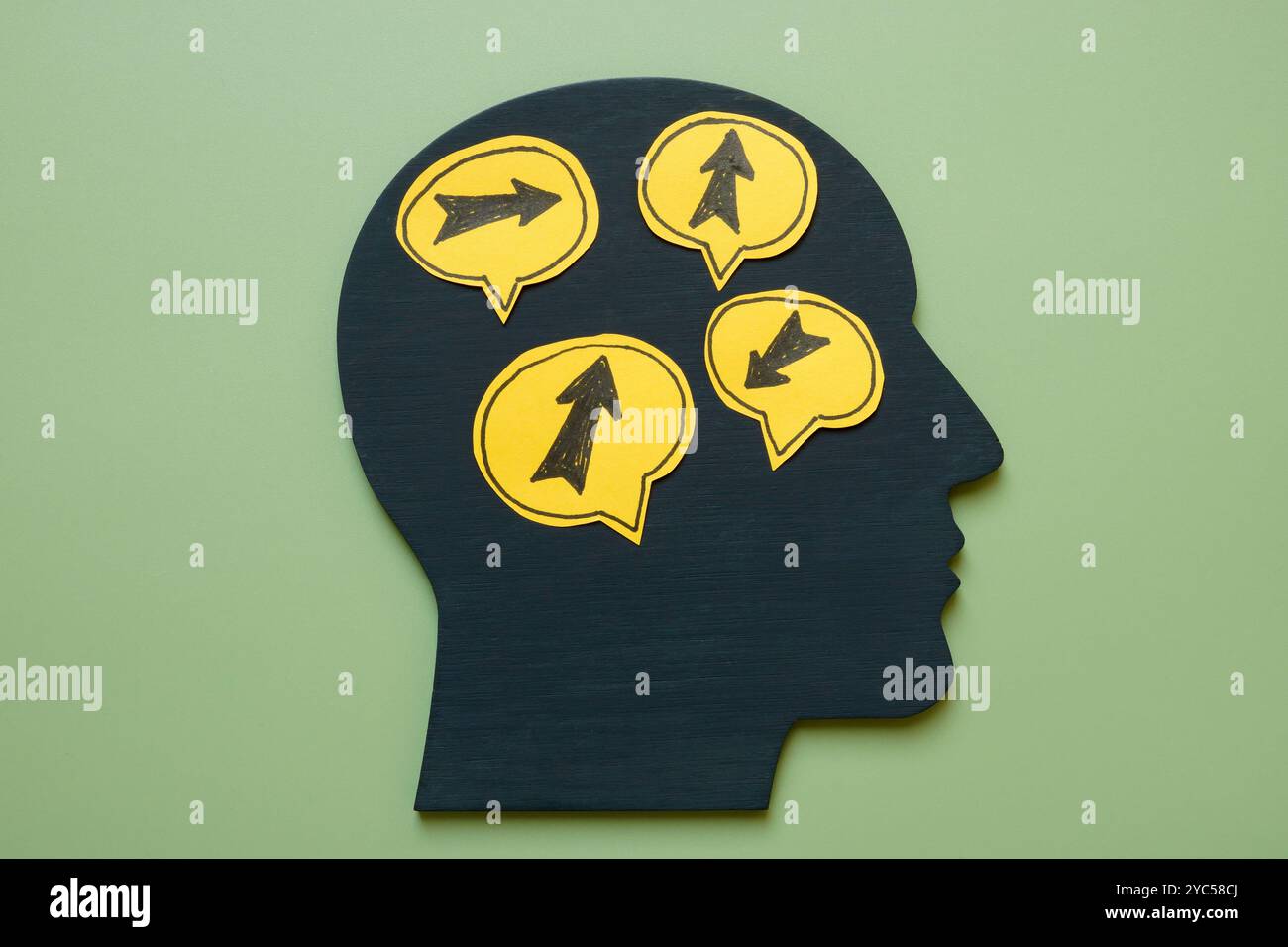 Head with arrows pointing in different directions. Decision-making and ...