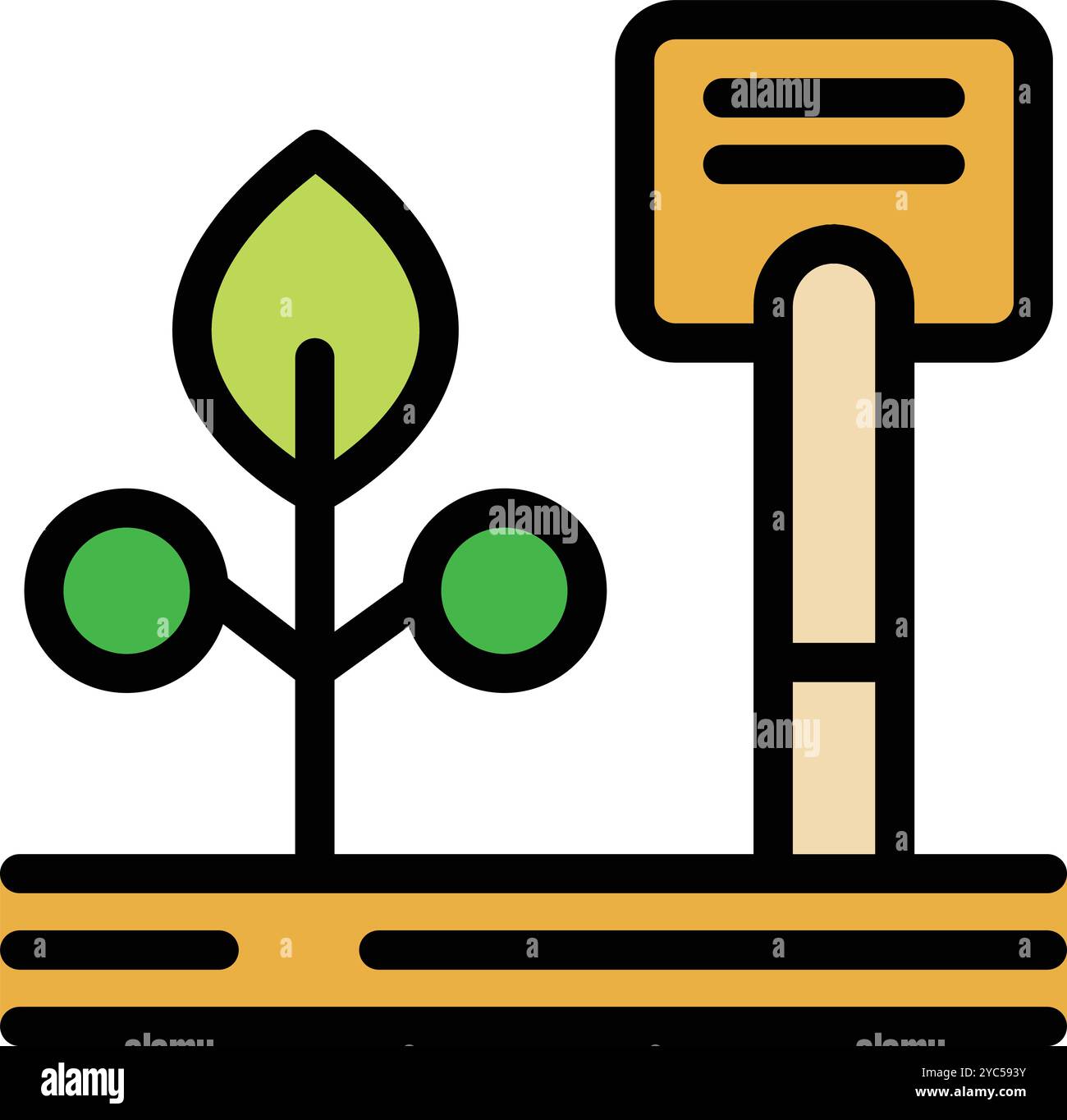 Simple colorful icon of a small plant growing near wooden sign ...
