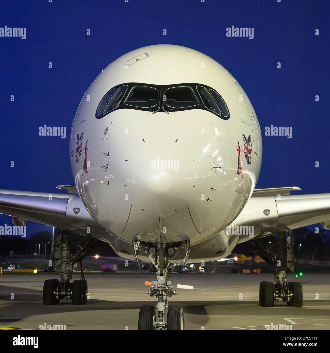 Head On Close Up Of The Nose Cone And Bandit Mask Of G-VNVR Virgin Atlantic Airways Airbus A350-1041 At Edinburgh Airport Stock Photo