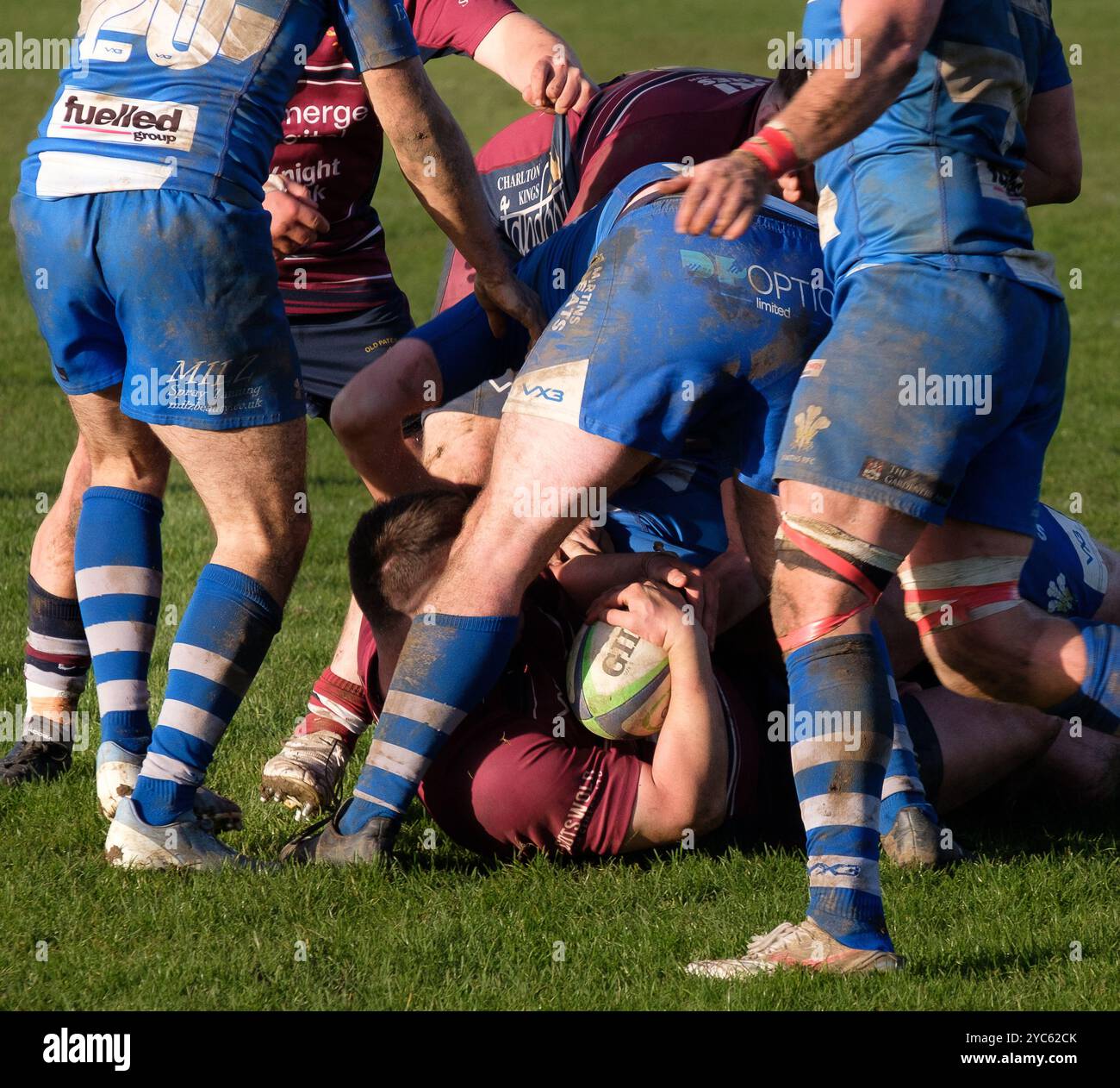 A ruck formed after a tackle at a Rugby Union match between Old Patesians & Smiths Rugby in Cheltenham, Gloucestershire Stock Photo