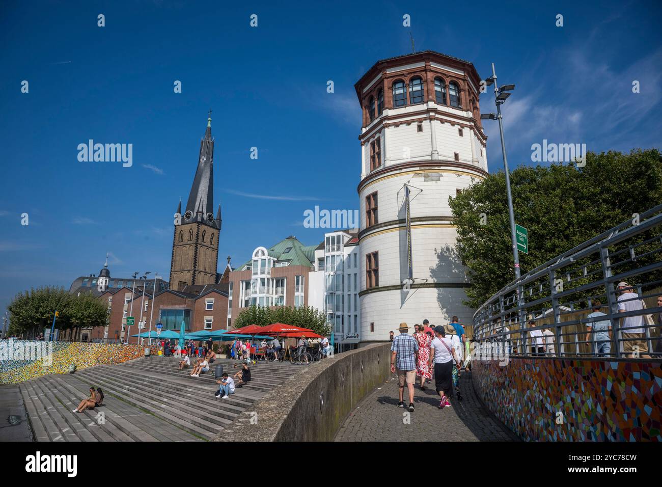 View of the Castle Tower and the Rhine river promenade along the old town of Dusseldorf, Germany. Stock Photo