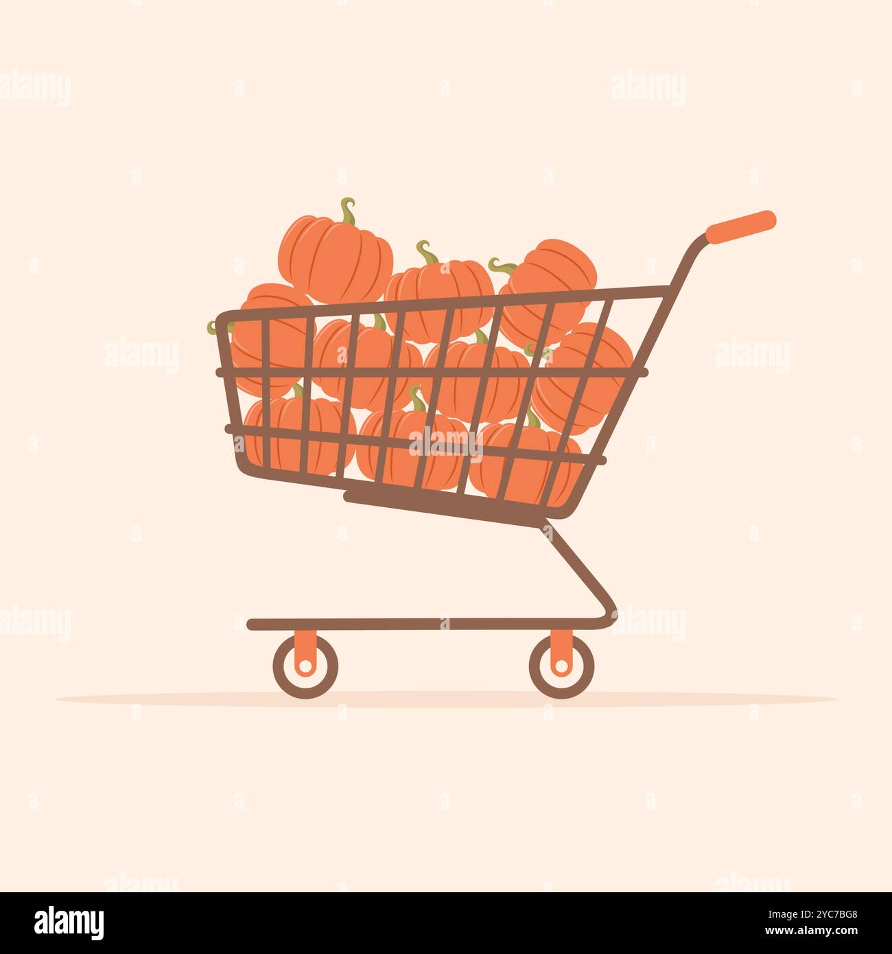 Shopping cart with pumpkins on a beige background, flat vector illustration Stock Vector