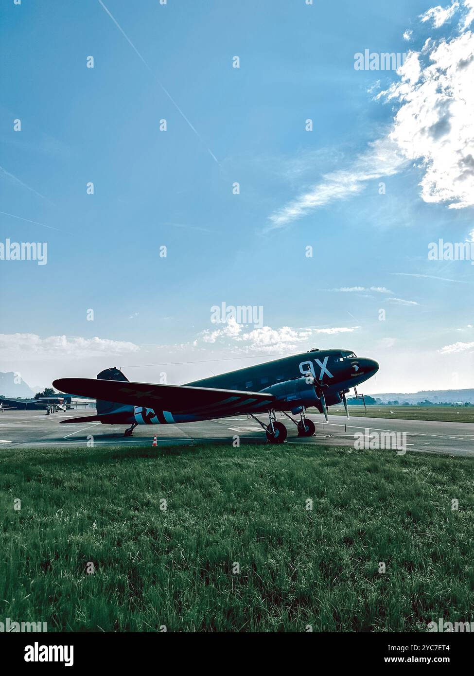 Vintage military airplane in Grenchen Airport Switzerland - Smartphone Captured Stock Image