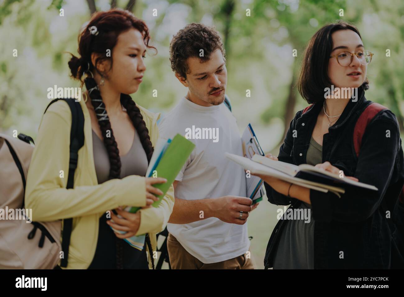 Three multicultural students collaborating on school tasks in the park Stock Photo