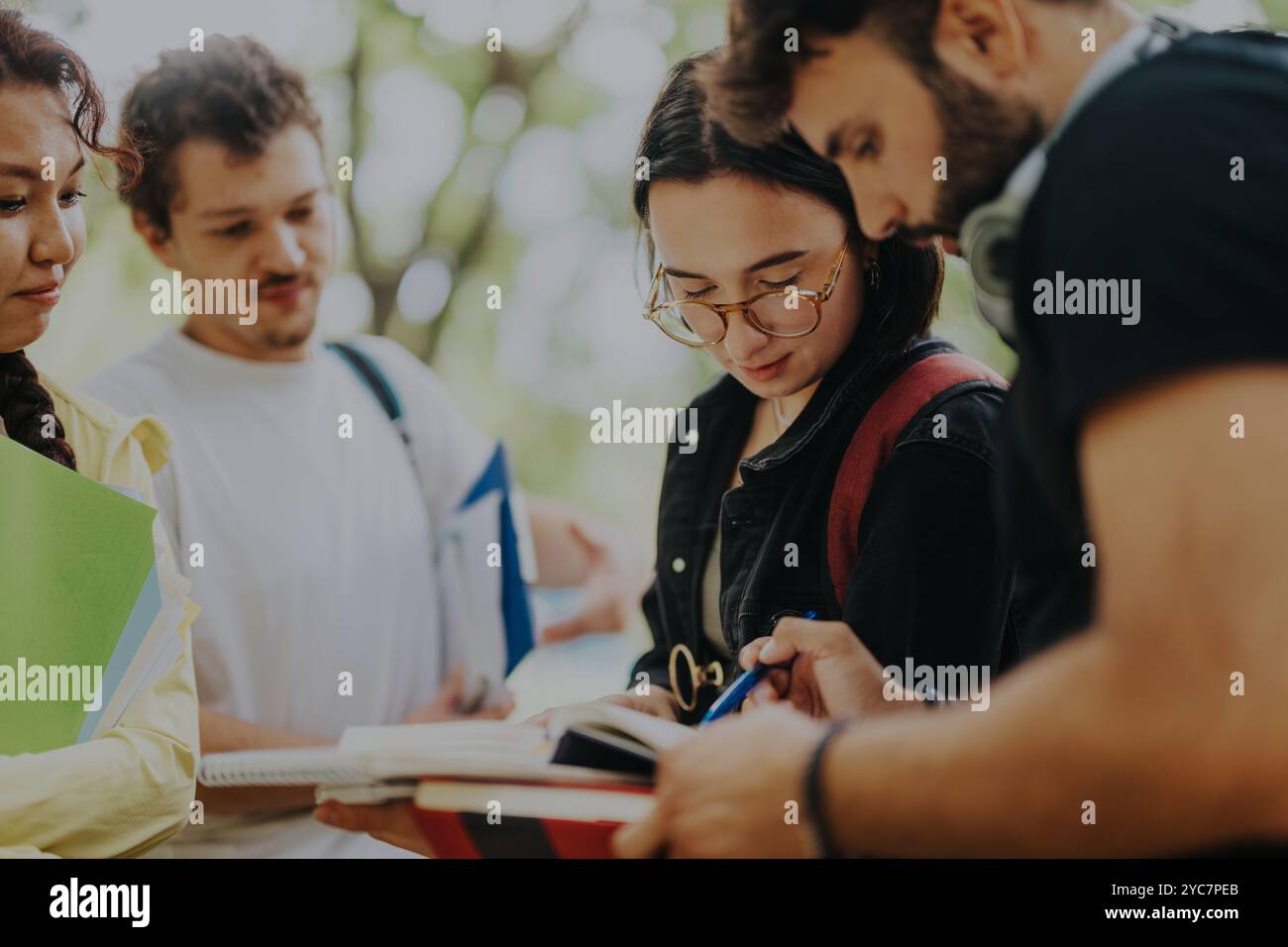 Multicultural students collaborating on school projects outdoors Stock Photo