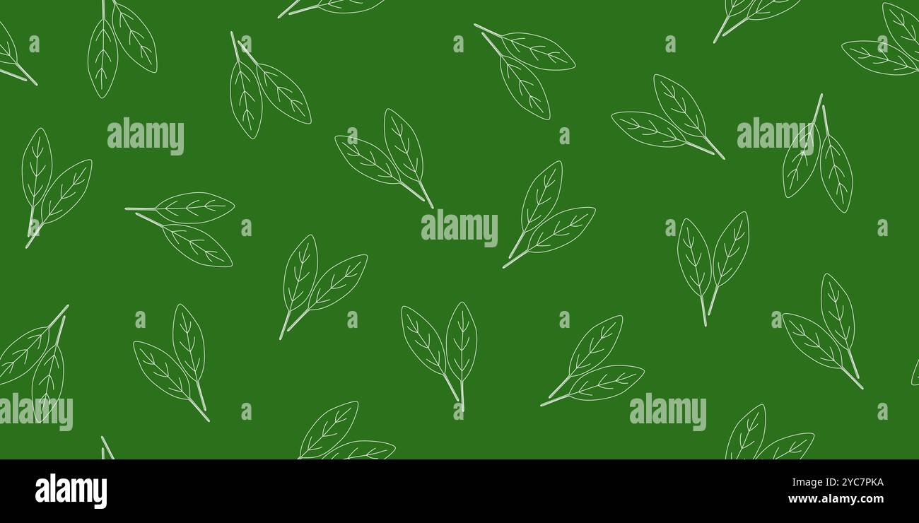 Seamless pattern with fresh spinach leaves outlines on dark green ...