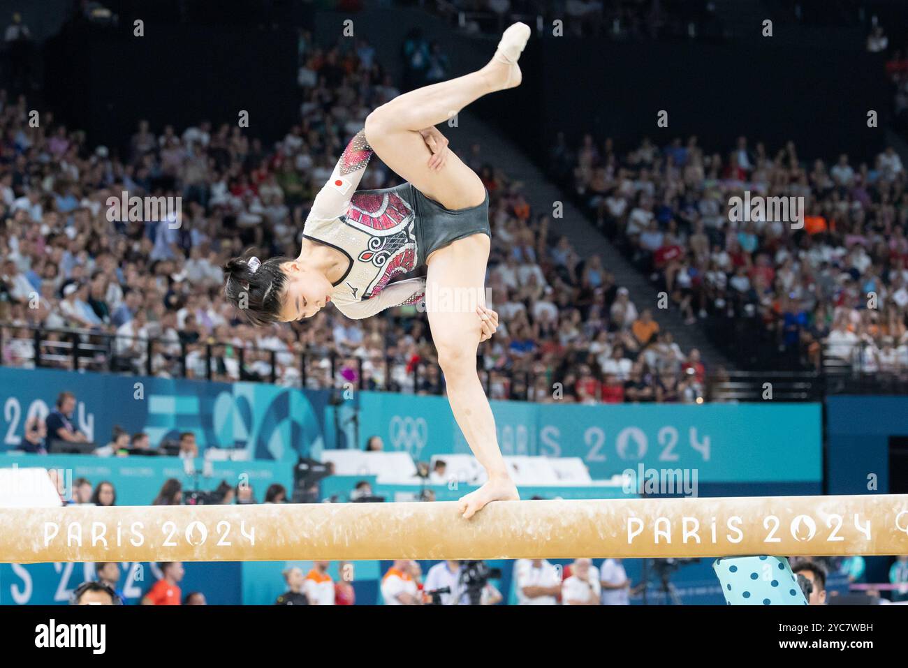 August 01, 2024: Rina Kishi of Japan performs on beam in the