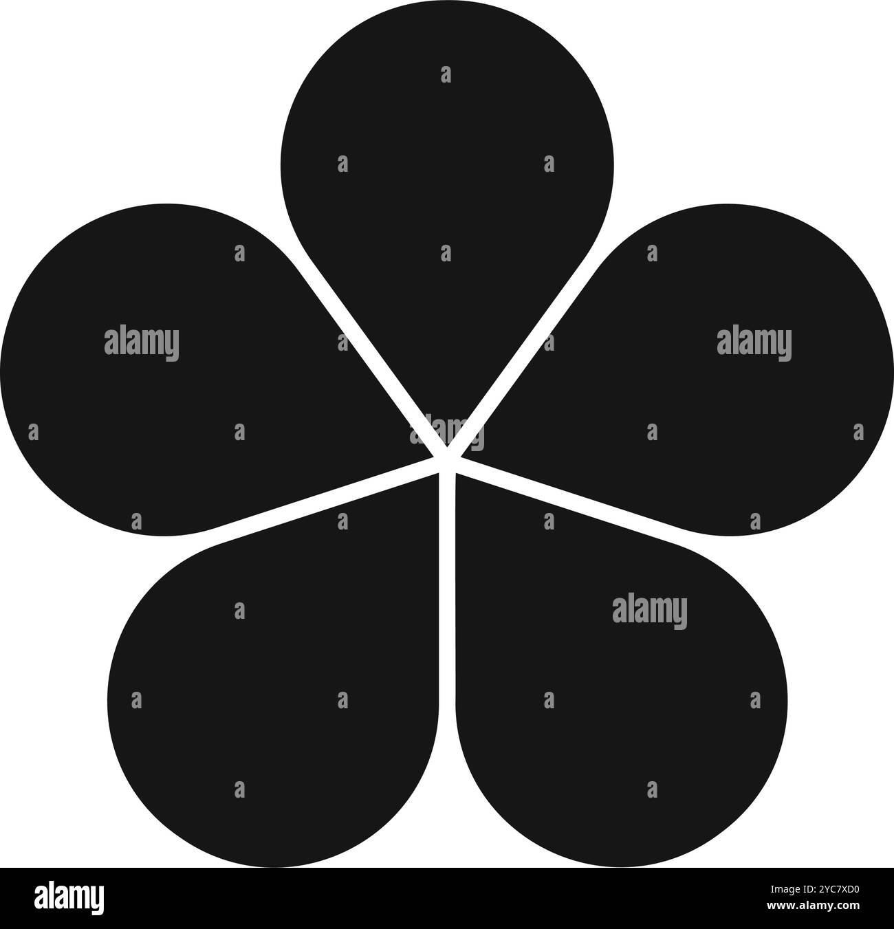 Flower diagrams with 5 petals. Pie chart divided on five equal segments in leaf shapes isolated on white background. Floral layout for data presentation. Vector graphic illustration. Stock Vector