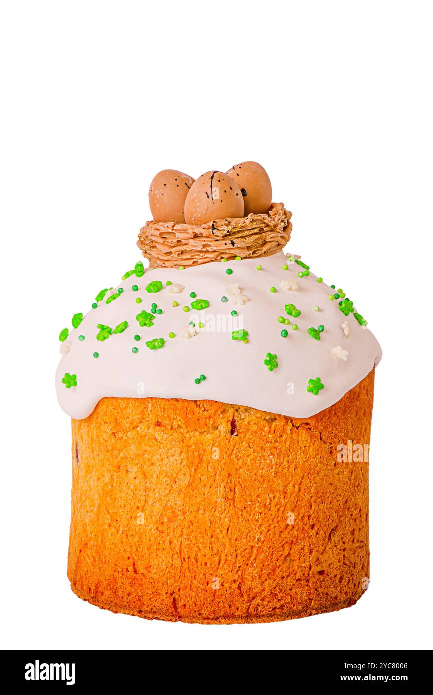 Homemade Easter cake, paska isolated on white background. Stock Photo