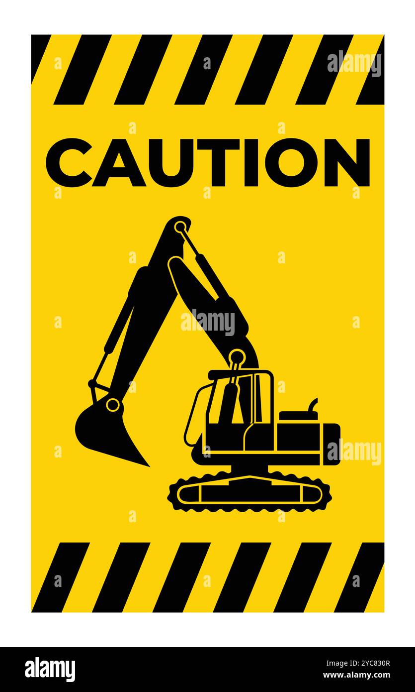 A striking caution sign displaying an excavator graphic on a bold yellow background. Ideal for construction and safety-related themes or projects. Stock Vector