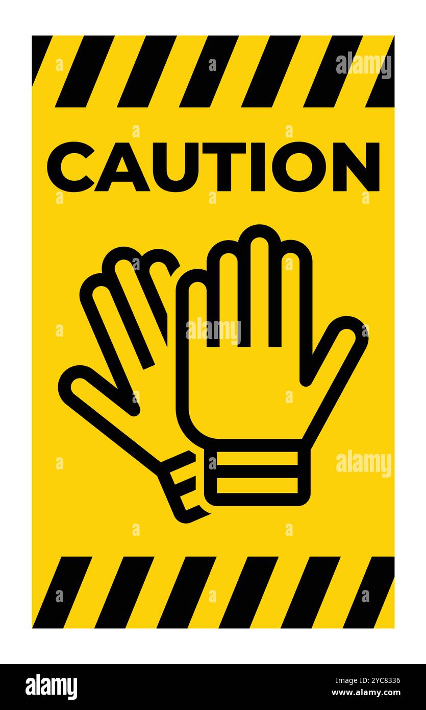 Bright yellow caution sign featuring gloves as a safety reminder for workplaces. Ideal for promoting awareness of protective equipment usage. Stock Vector